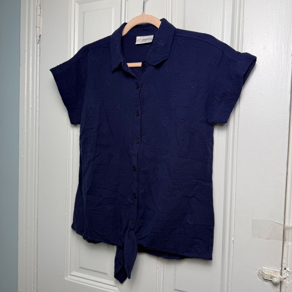 Belle Beach Kim Gravel Crab Embroidered Tie Front Top Women XS Navy Blue NWOT